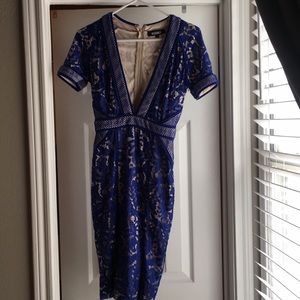 Jess Mixed Lace Deep V Midi Dress Cobalt Blue